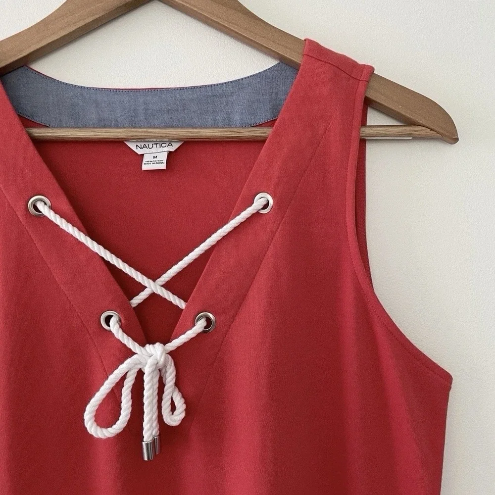 Nautica Women's Size Medium Coral Tie V-Neck 100% Cotton Shift Mini Dress NWOT